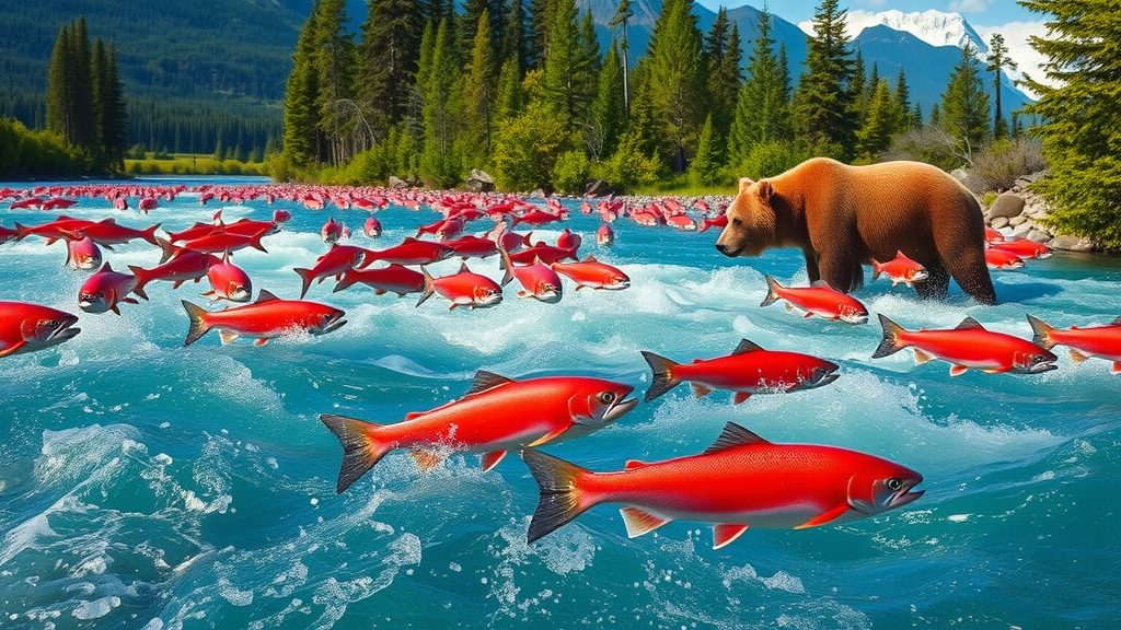 Sockeye salmon run with bear fishing in Becharof National Wildlife Refuge river