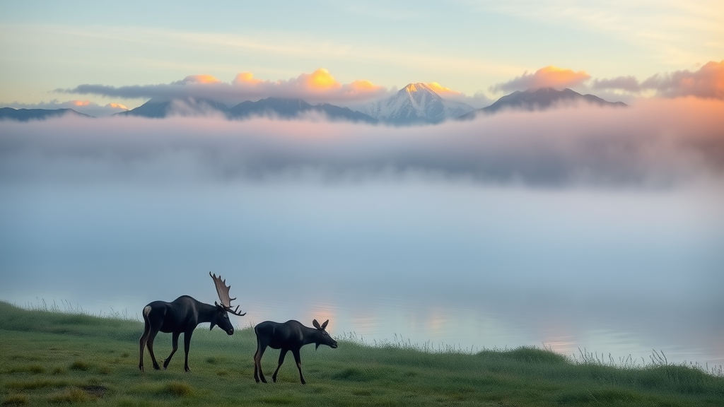 Moose at dawn by misty lake and volcanic mountains in Becharof National Wildlife Refuge