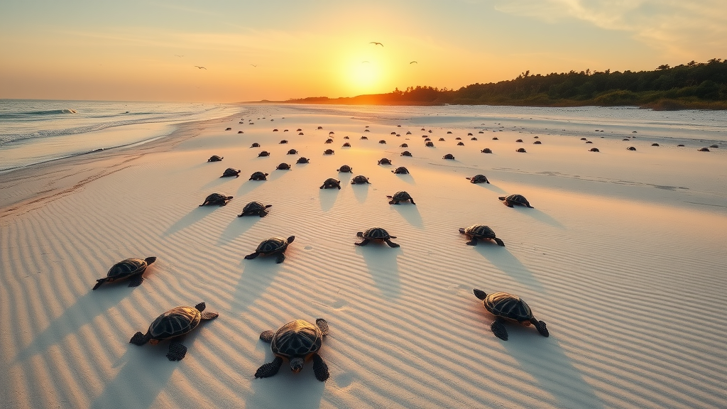 Sea turtles nesting on Archie Carr National Wildlife Refuge beach at sunrise