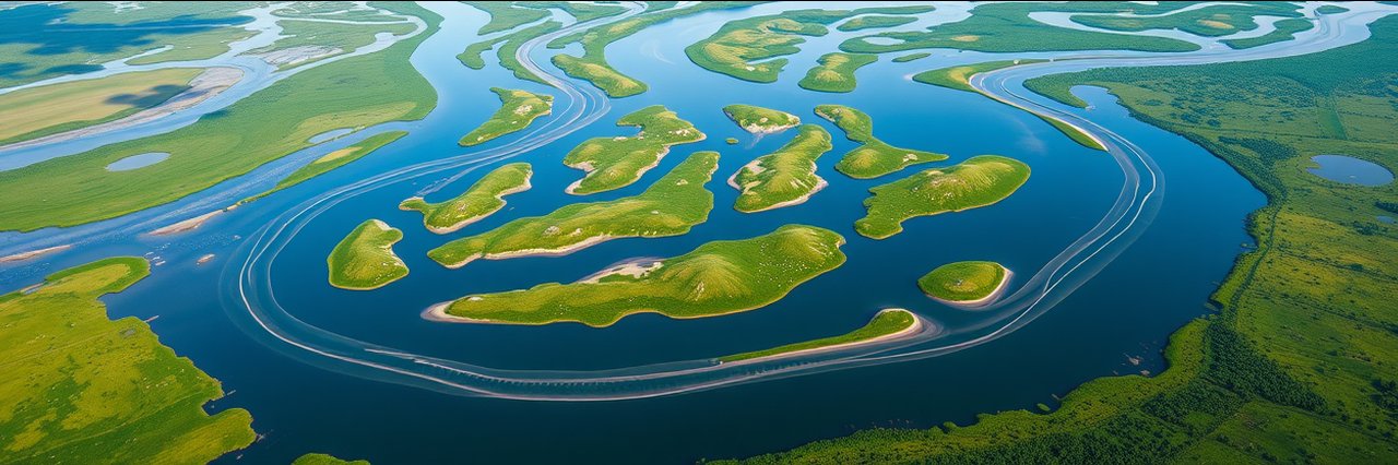 Aerial view of winding rivers and wetlands in Innoko National Wildlife Refuge