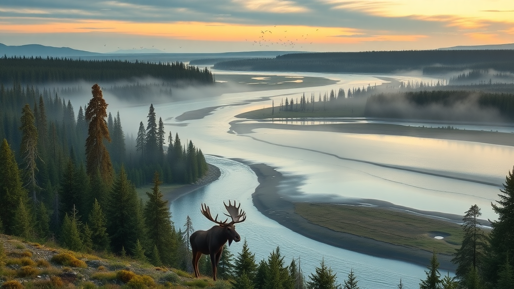 Innoko National Wildlife Refuge moose at sunrise by river, misty black spruce forest