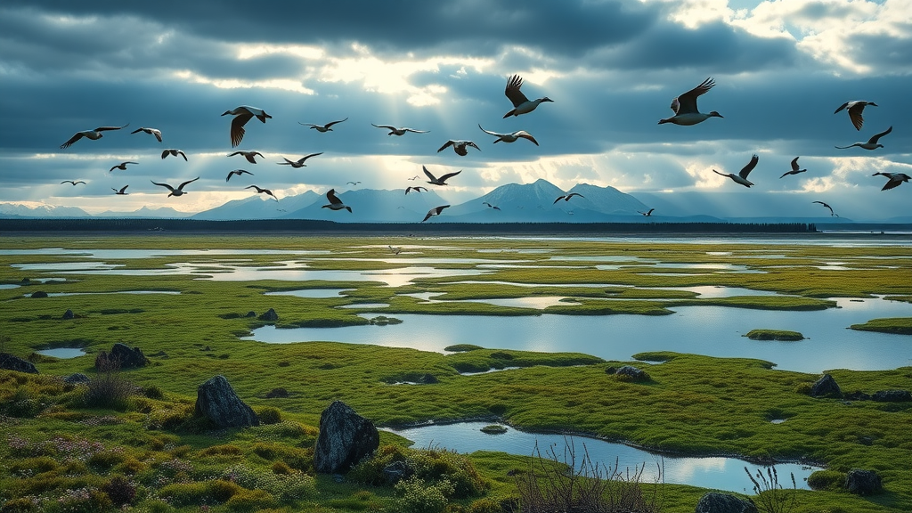 Innoko National Wildlife Refuge birds over wetlands and ponds at sunrise