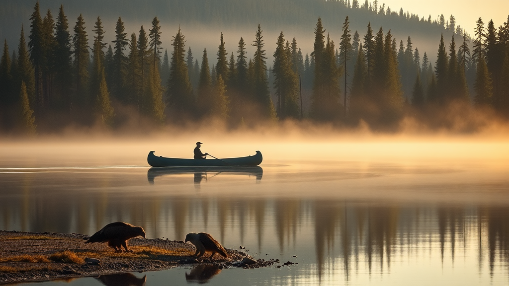Canoe on Innoko River in Alaska bordered by spruce, wildlife and misty dawn