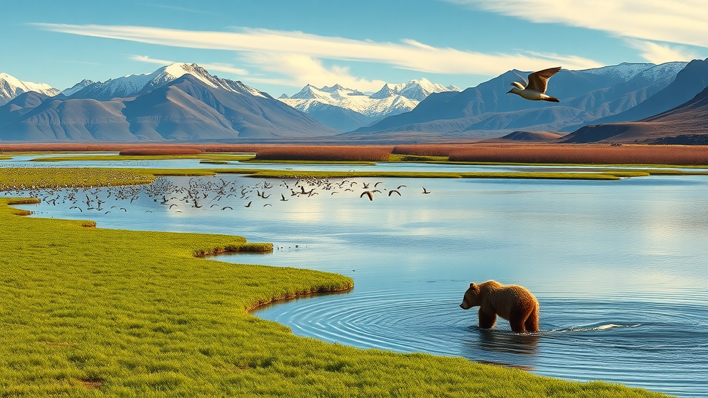 Stunning view of Izembek National Wildlife Refuge lagoon with brant geese and volcanoes