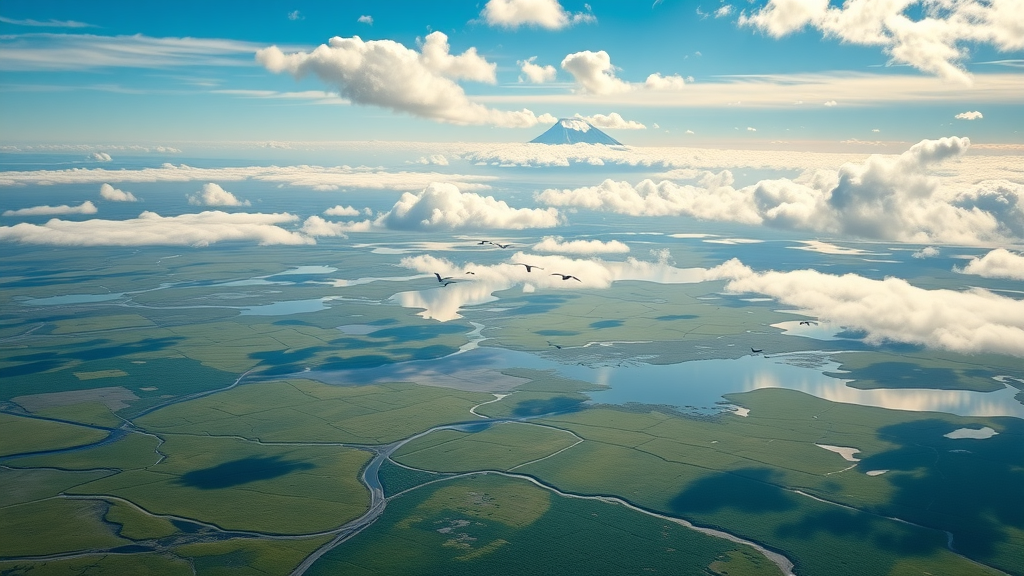Aerial mosaic of Izembek National Wildlife Refuge wetlands, tundra, and volcano