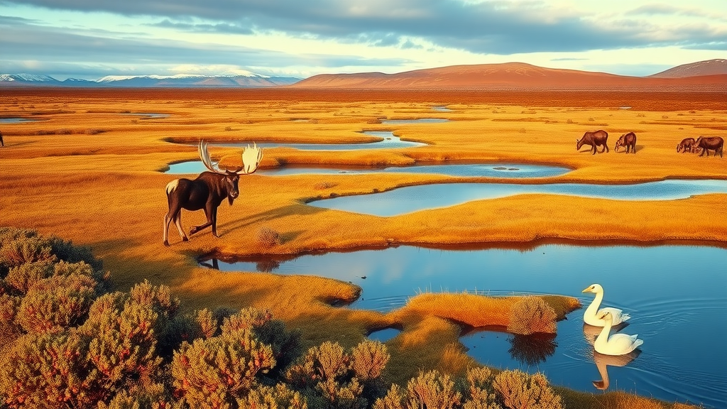 Moose and Steller’s eiders in colorful Izembek National Wildlife Refuge autumn landscape