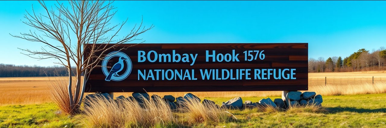 Bombay Hook National Wildlife Refuge entrance sign in grassy landscape, blue sky.