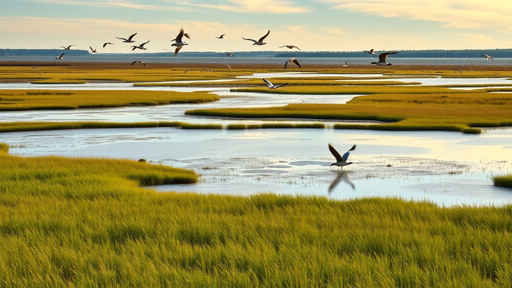 Scenic tidal marsh at Bombay Hook National Wildlife Refuge with birds in flight