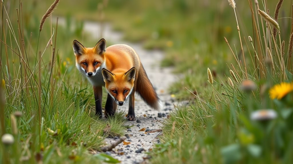 Red foxes foraging along a marsh trail at Bombay Hook National Wildlife Refuge