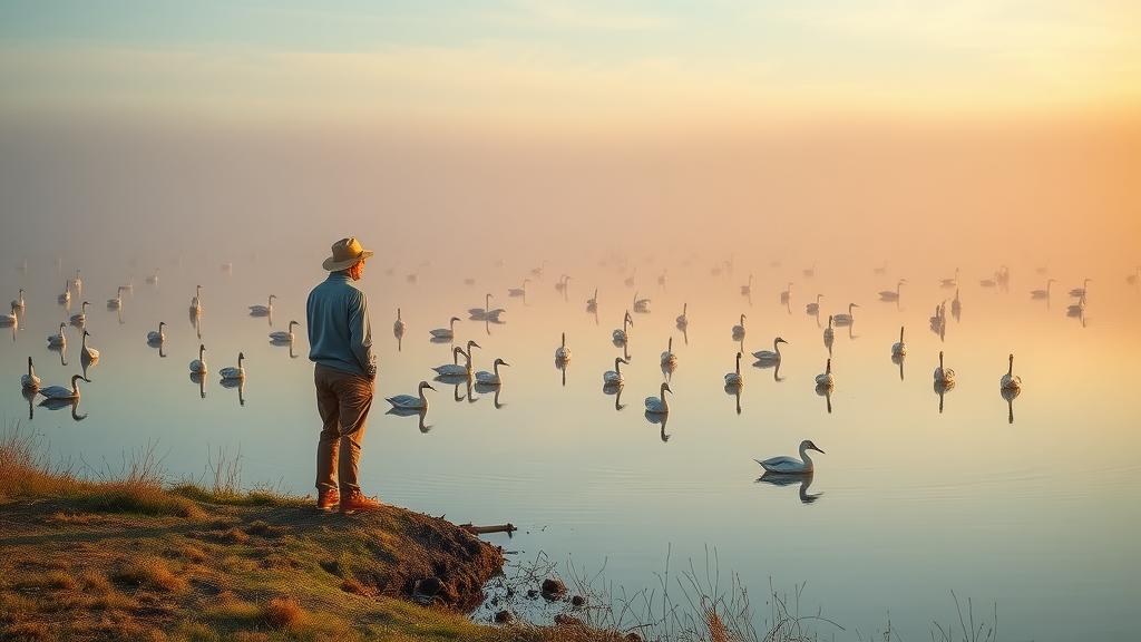 Birder watching egrets at dawn in Bombay Hook National Wildlife Refuge wetlands
