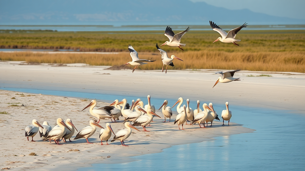Roseate spoonbills and pelicans in Cedar Keys National Wildlife Refuge