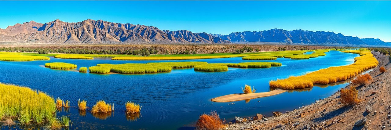 Bill Williams River National Wildlife Refuge oasis with mountains and desert vegetation
