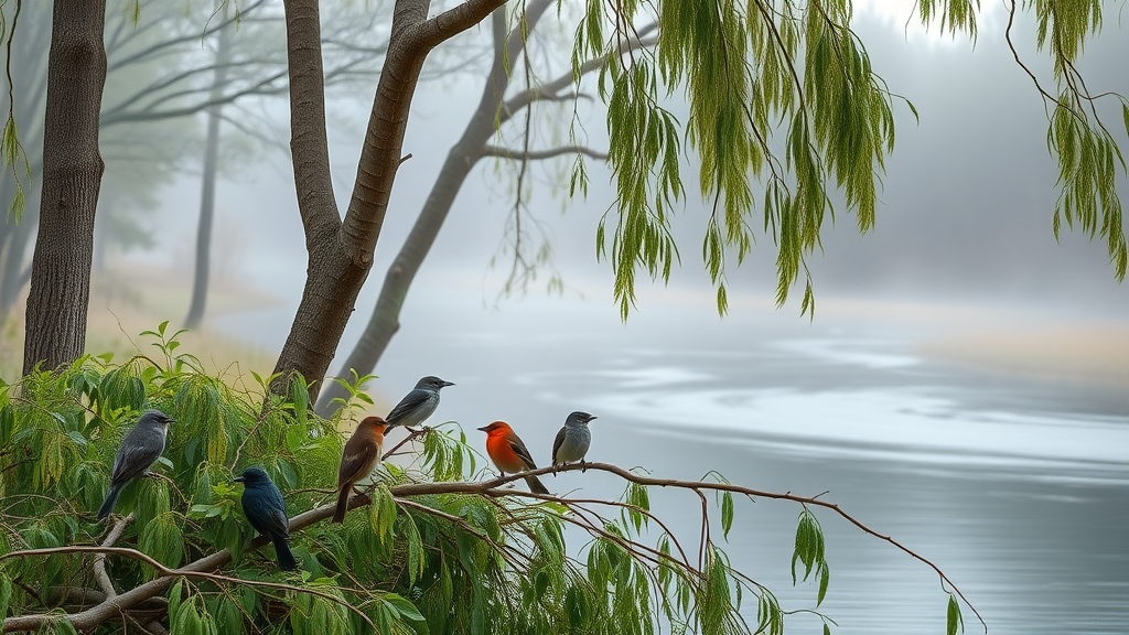 Wild bird sanctuary among willows at Bill Williams River National Wildlife Refuge in morning mist