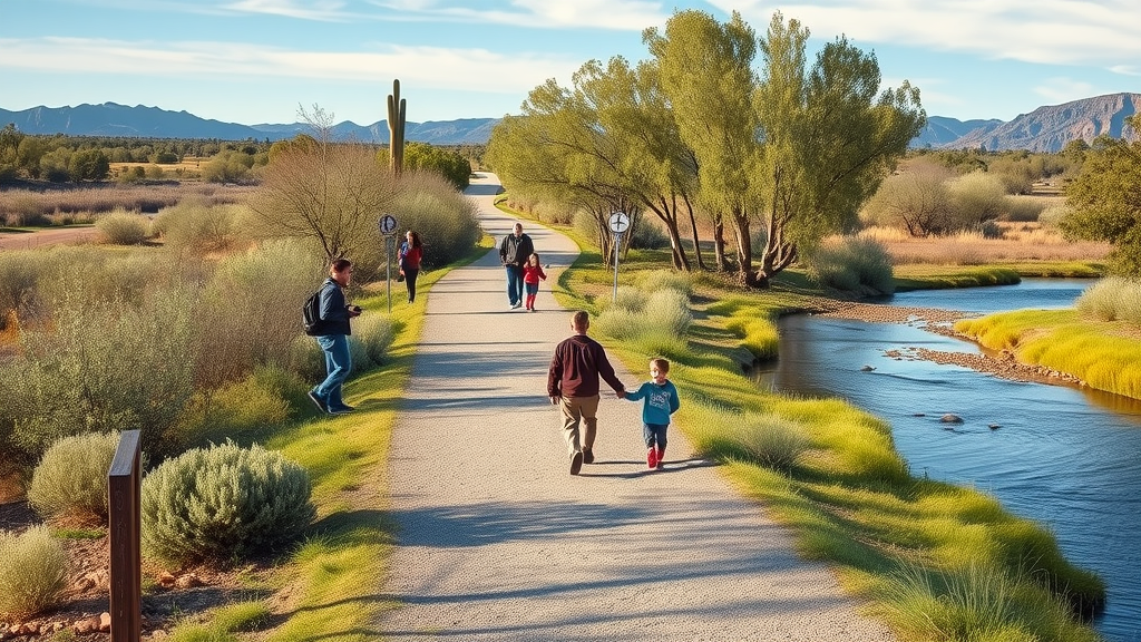 Trail in Bill Williams River National Wildlife Refuge with visitors and lush riverbank