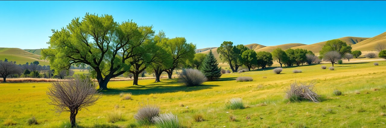 Sunny grassland and trees at Buenos Aires National Wildlife Refuge on a clear day