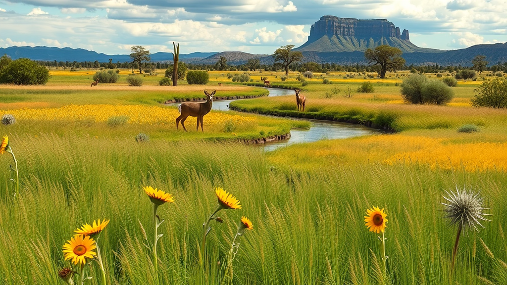Vast grasslands and river at Buenos Aires National Wildlife Refuge under sunlight