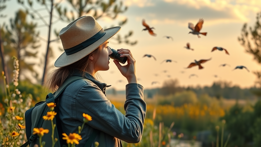 Birdwatcher exploring Buenos Aires National Wildlife Refuge grasslands at sunset