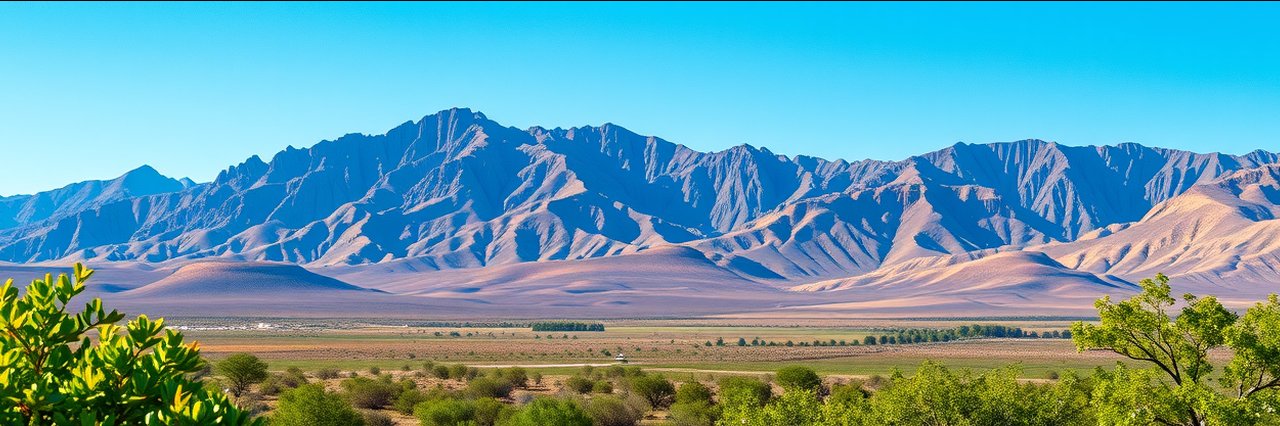 Lush green fields and mountains at Cibola National Wildlife Refuge under blue sky