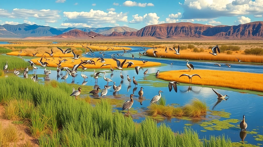 Migratory birds at Cibola National Wildlife Refuge wetlands in Arizona.
