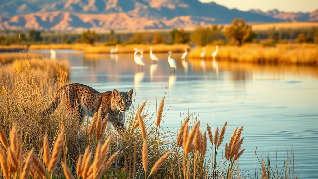 Bobcat and egrets in Cibola National Wildlife Refuge riverbank habitat.
