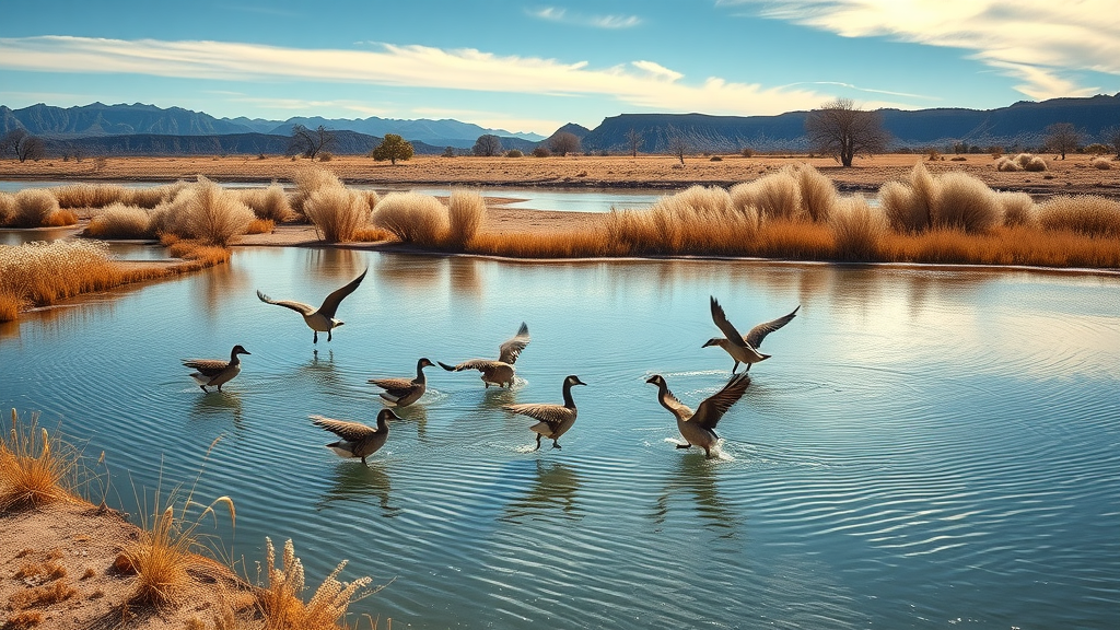 Canada geese on scenic pond at Cibola National Wildlife Refuge, Arizona.