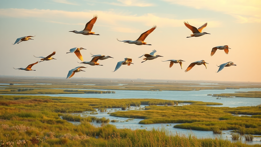 Migratory waterfowl flock over wetlands at Chassahowitzka National Wildlife Refuge
