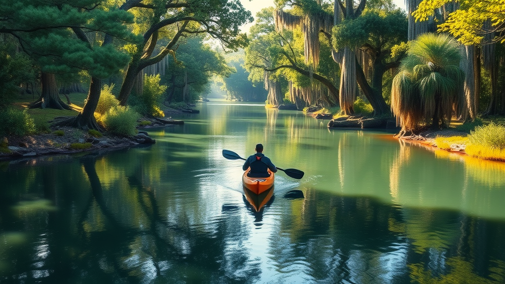 Kayaker exploring lush river at Chassahowitzka National Wildlife Refuge
