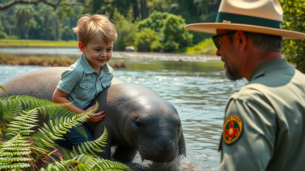 Park ranger teaches child about manatees at Chassahowitzka National Wildlife Refuge