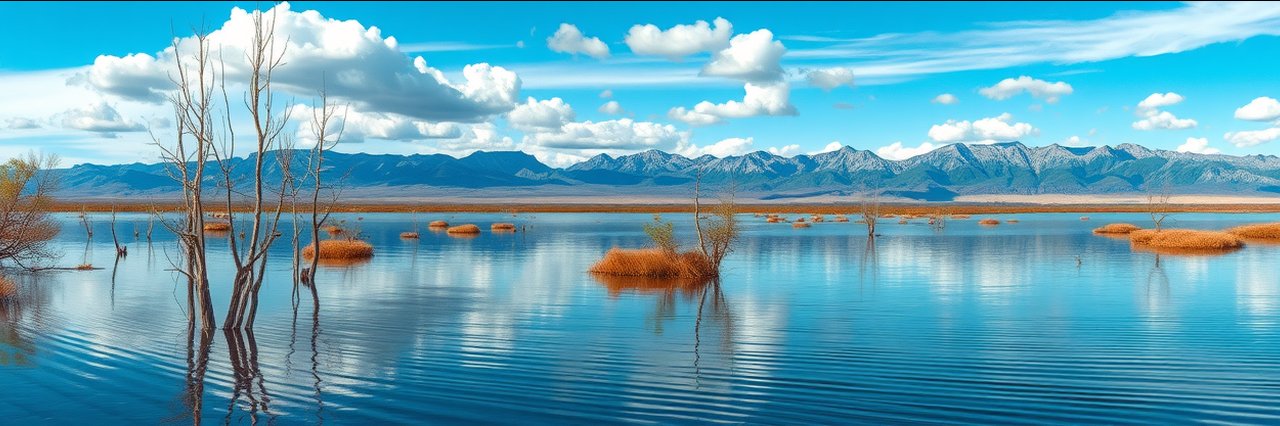 Wetland landscape at Havasu National Wildlife Refuge with mountains and dead trees.