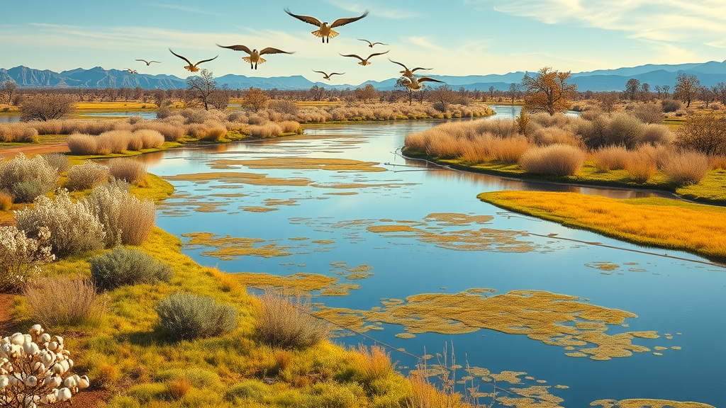 Colorado River marshland with birds at Havasu National Wildlife Refuge