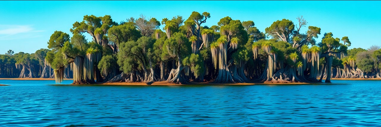 Cypress trees draped in moss at Banks Lake National Wildlife Refuge wetland.