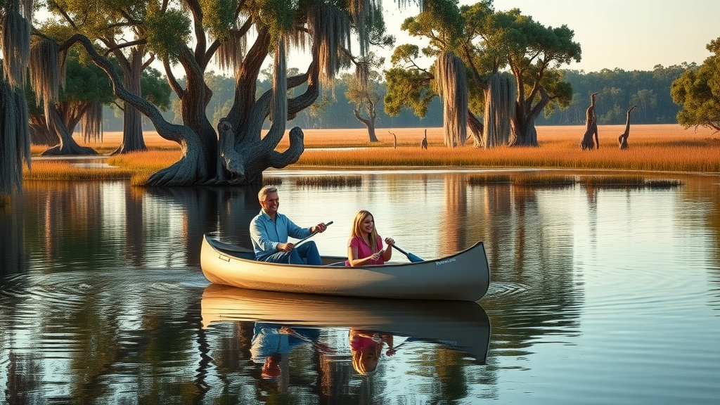Family paddling at Banks Lake National Wildlife Refuge under cypress trees