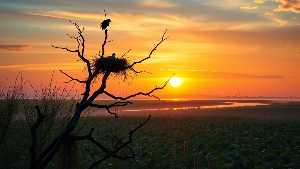 Banks Lake National Wildlife Refuge sunset with osprey nest and wetlands