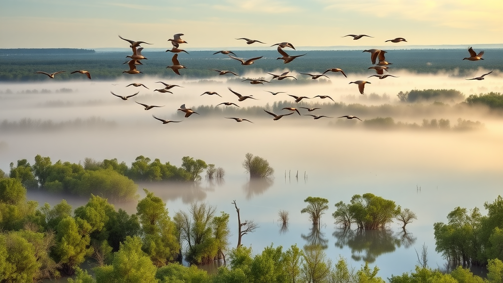 Bald Knob Refuge wetland at sunrise with flocks of waterfowl in flight