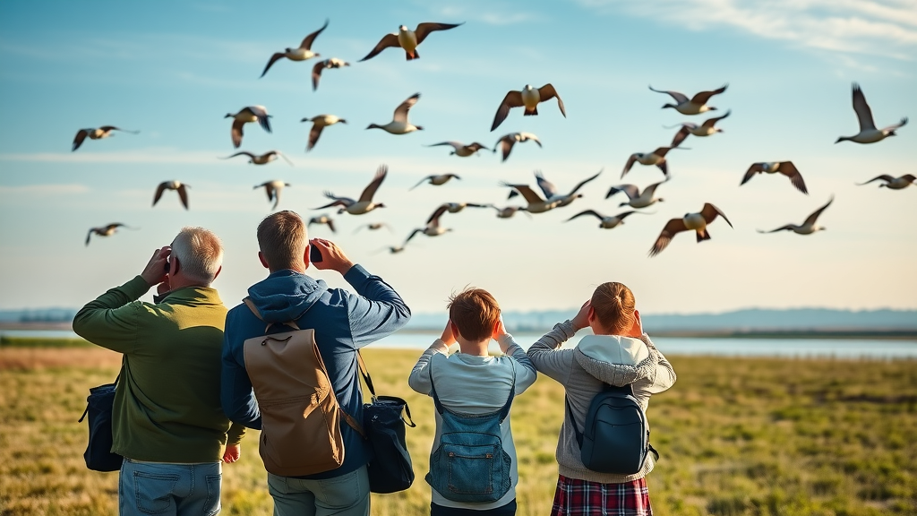 Family birdwatching at Bald Knob Refuge wetlands during waterfowl migration