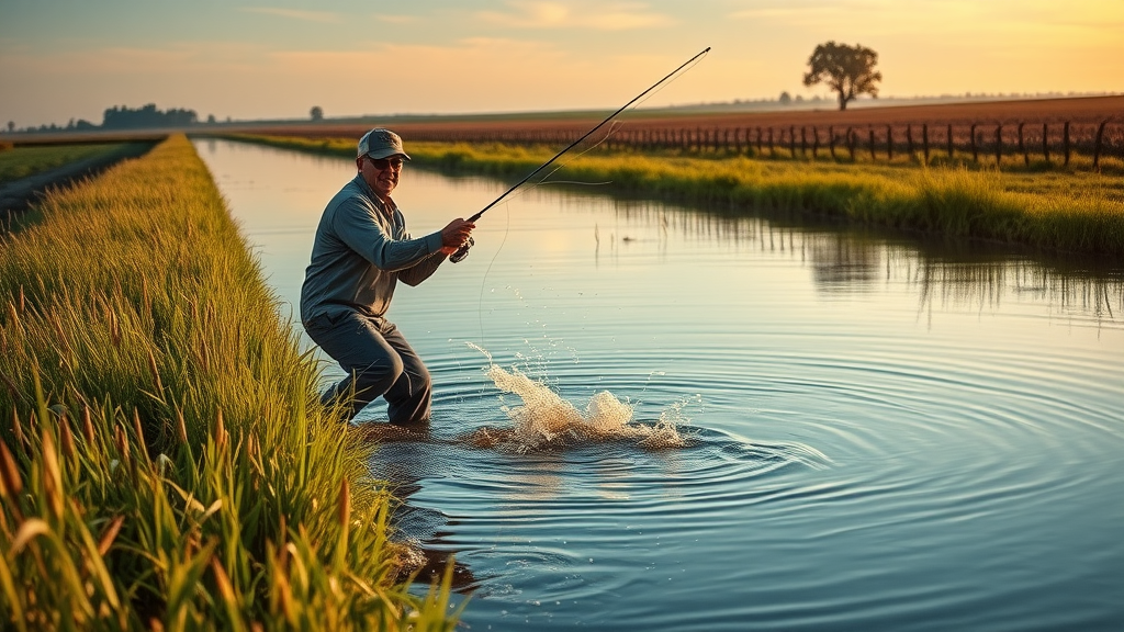 Catfishing at Bald Knob Refuge ditch with angler reeling in big catch