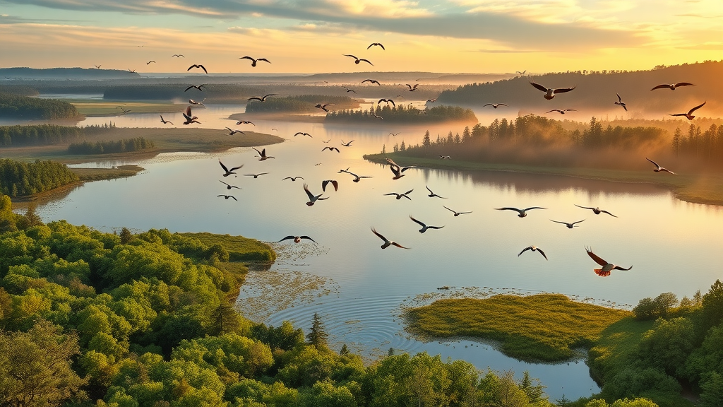 Scenic view of Big Lake National Wildlife Refuge at sunrise with birds and wetlands