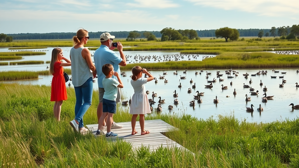 Family birdwatching at Big Lake National Wildlife Refuge wetlands boardwalk