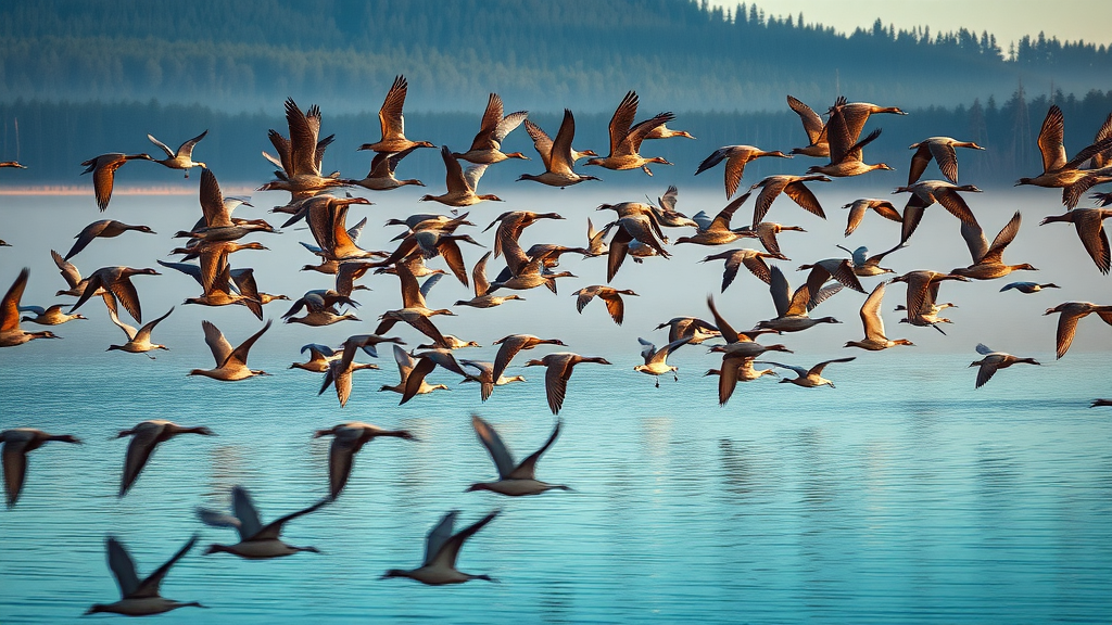 Massive waterfowl migration at Big Lake National Wildlife Refuge misty morning scene