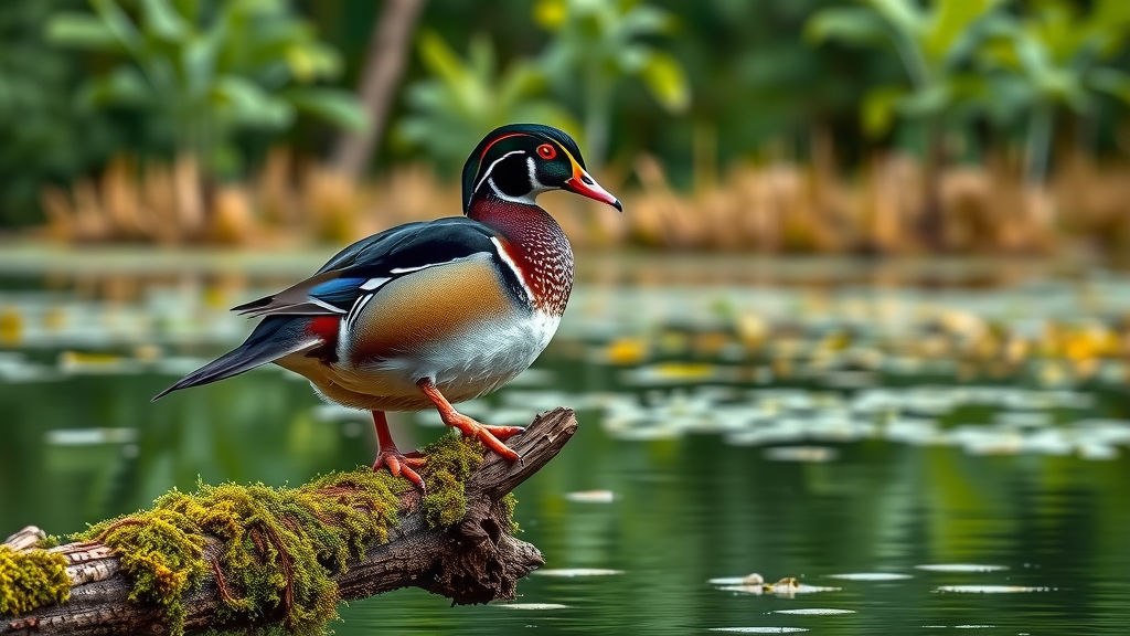 Wood duck perched in lush Big Lake National Wildlife Refuge wetland habitat