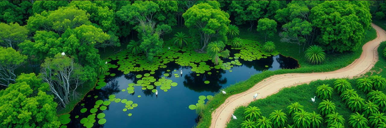 Aerial view of Harris Neck National Wildlife Refuge wetland with egrets and lush greenery.