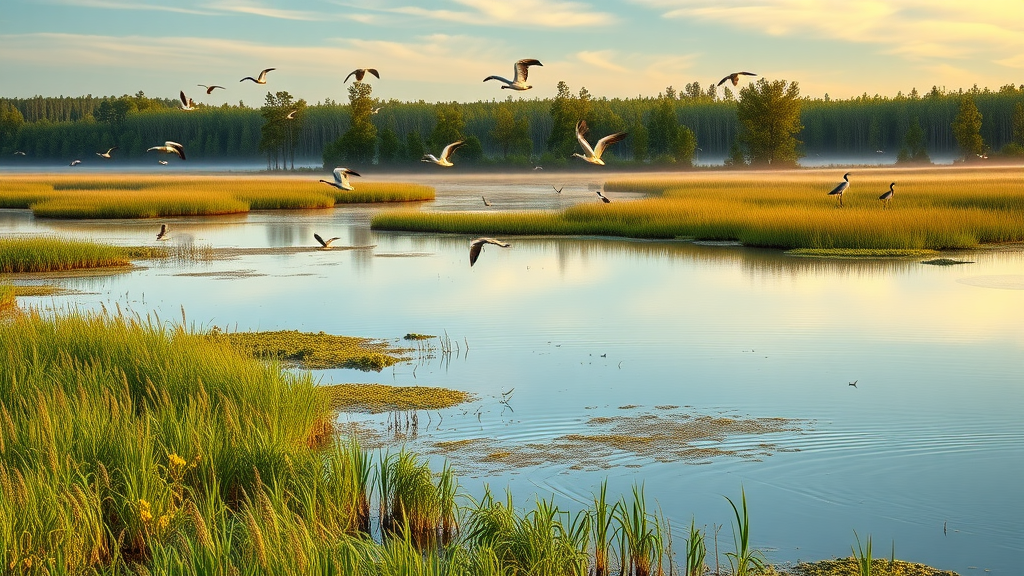 Sunrise over wetlands at Harris Neck National Wildlife Refuge with birds in flight