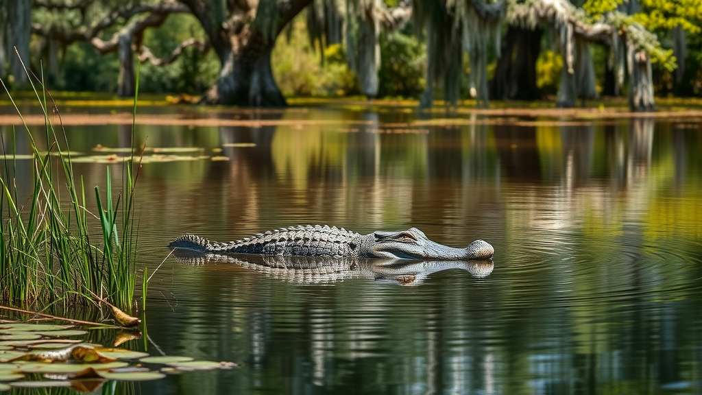 Alligator in a pond at Harris Neck National Wildlife Refuge surrounded by wetlands
