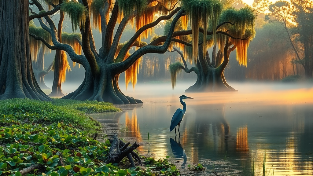 Majestic Bond Swamp National Wildlife Refuge wetland at sunrise with ancient cypress and heron.