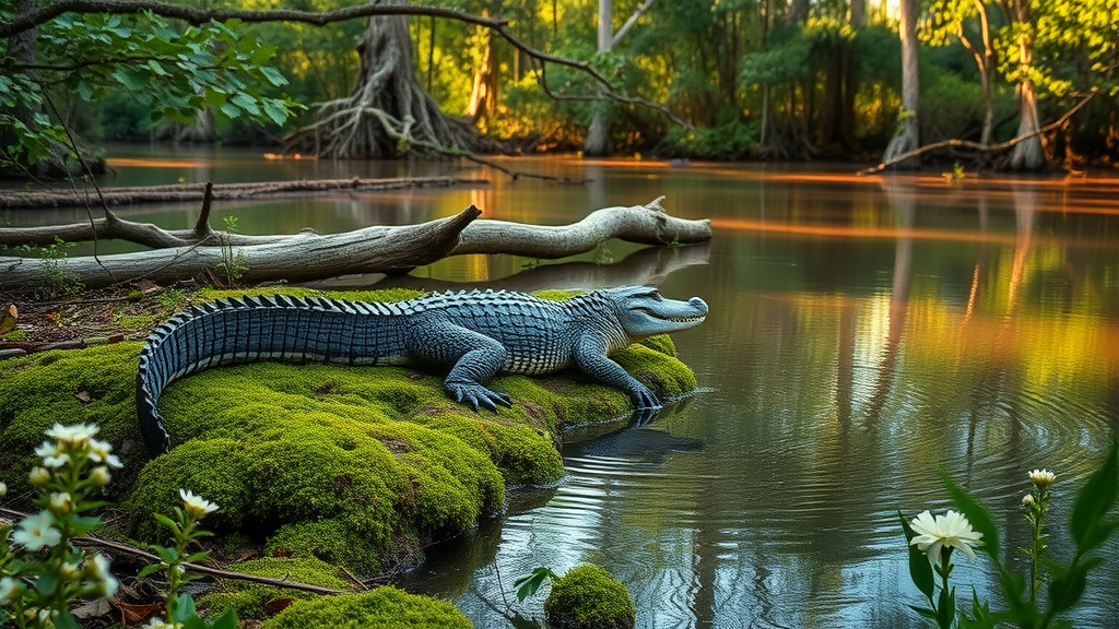 Alligator in Bond Swamp National Wildlife Refuge amid wildflowers and dense forests.