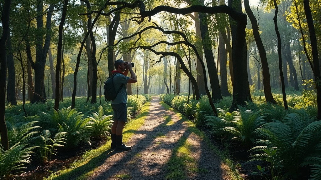 Explorer on a woodland trail in Bond Swamp National Wildlife Refuge with vibrant foliage.