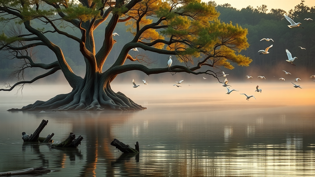 Cache River National Wildlife Refuge sunrise over ancient cypress wetlands with wildlife.