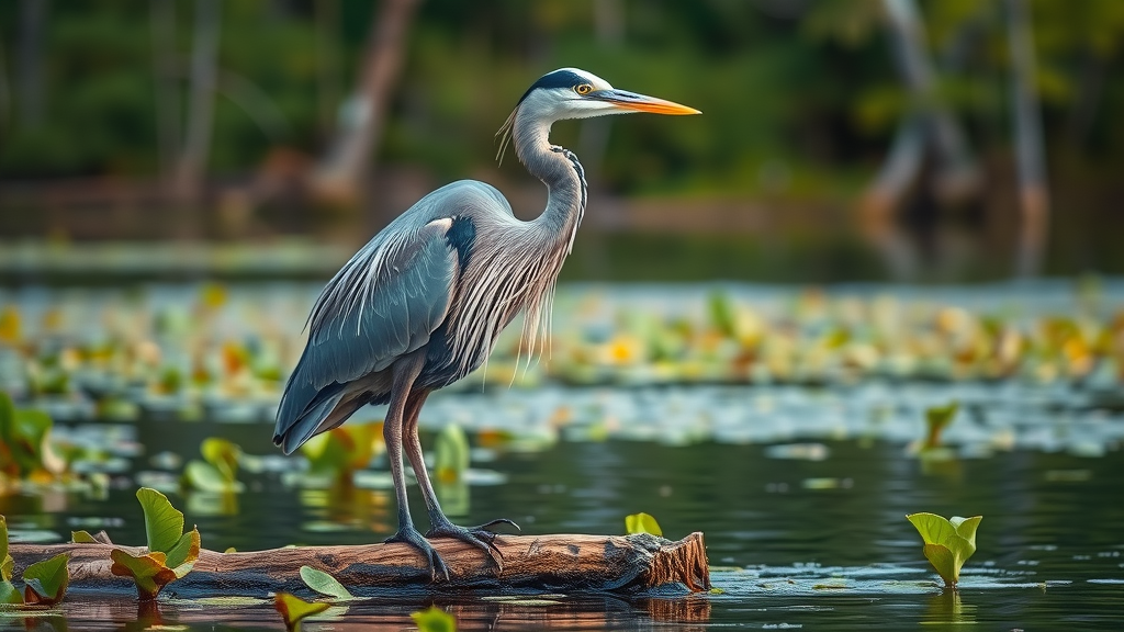 Great blue heron in Cache River National Wildlife Refuge wetland habitat close-up.