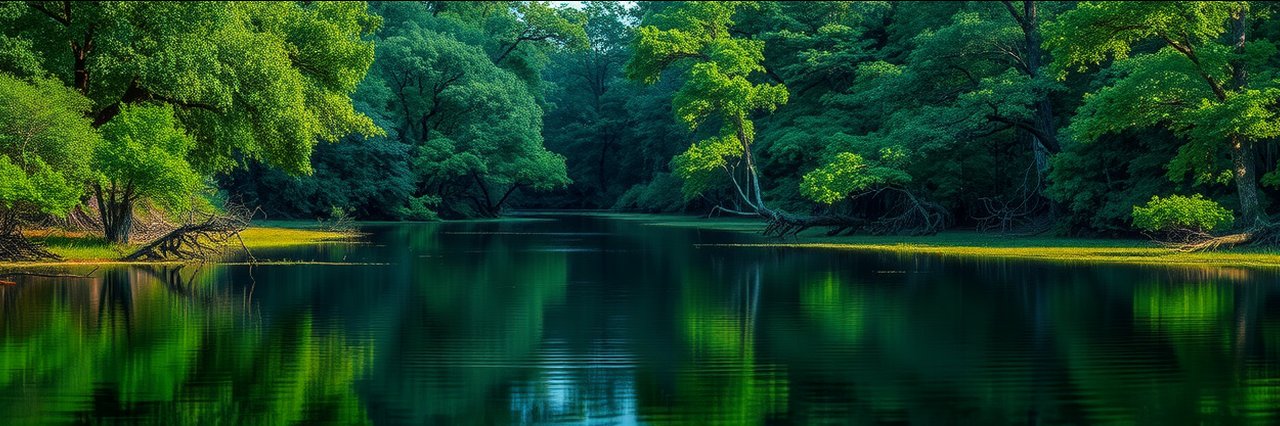 Holla Bend National Wildlife Refuge wetland with calm river and lush green forest