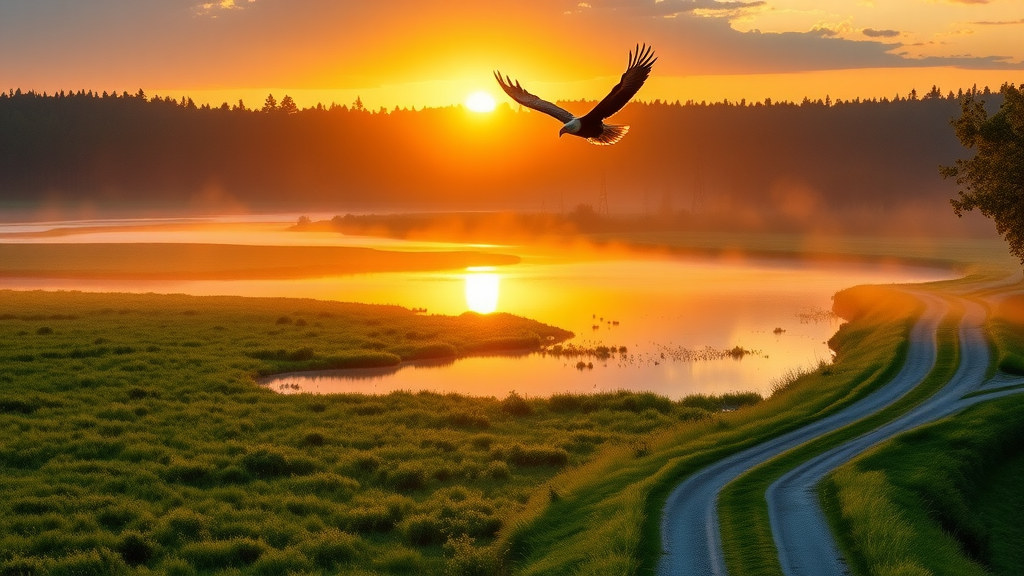 Bald eagles fly over the wetlands at Holla Bend National Wildlife Refuge at sunrise